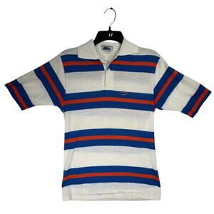 Vintage 1980s Chemise Lacoste White Blue Orange Striped Polo Shirt SMALL
